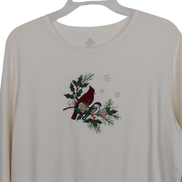 Ivory Beaded Embroidered Applique Red Cardinal Cotton Knit Top | Size 1X (16W) - Picture 1 of 7
